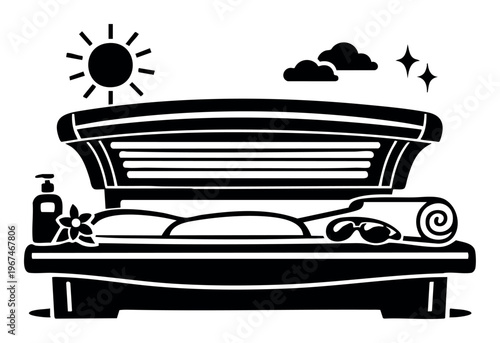 Tanning bed creating a sun-kissed, bronze skin look, with lotion, sunglasses, and a flower representing beauty and wellness