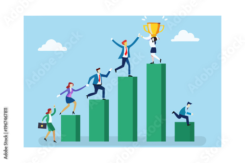 Business professionals climbing a bar graph towards success and a golden trophy