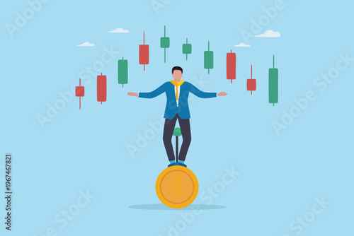 Man balancing on a coin amidst fluctuating stock market candlestick charts