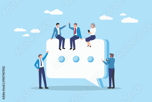 People interacting on a large speech bubble symbolizing communication