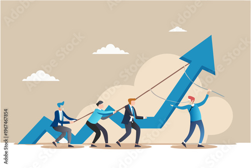 Teamwork and growth people pulling an arrow representing upward progress