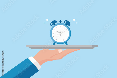 A blue alarm clock presented on a silver platter by a hand