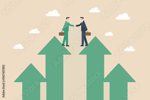Two businessmen shaking hands over rising green arrows symbolizing growth
