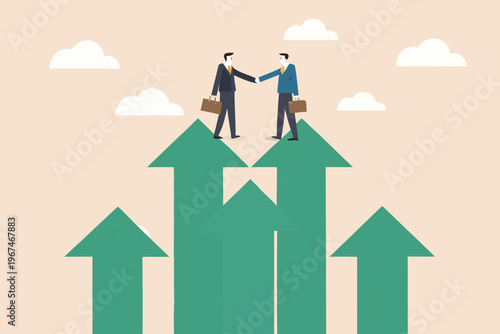 Two businessmen shaking hands atop rising green arrows symbolizing successful partnership