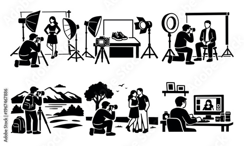 Photographers working on different projects including portraits, product shots, nature, couples, and post-production