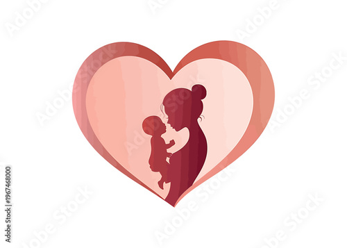 Stylized vector illustration depicting the tender bond between a loving mother and her precious baby, embraced within a gentle heart shape, symbolizing maternal love, care, and family affection
