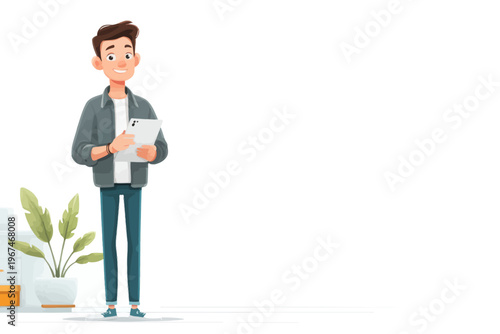 Young caucasian male using smartphone in modern minimalist space