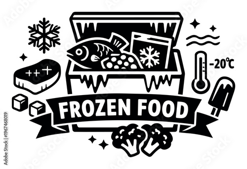 Frozen food storage concept with various items like fish, meat, popsicles, and vegetables representing refrigeration