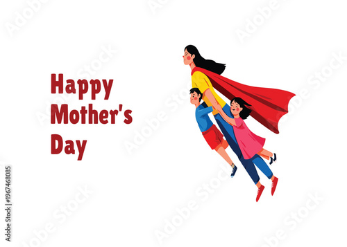 Super Mom Flying With Her Children Celebrating Mother's Day with a Heroic Spirit and Love