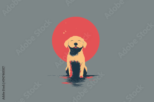 Golden retriever puppy sitting calmly in front of a red circle on a grey background