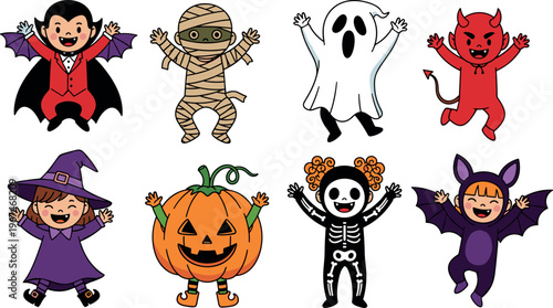 Halloween Costume Set Featuring Children in Vampire, Mummy, Ghost, Devil, Witch, Pumpkin, Skeleton, and Bat Outfits for Halloween and Party Designs