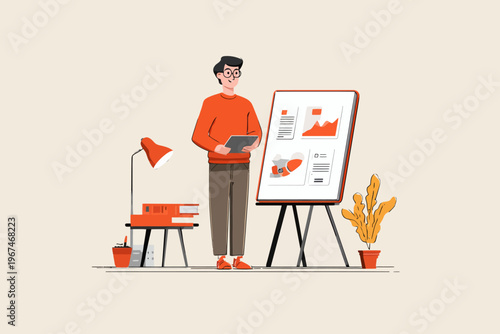 Young caucasian male presenting data analysis on chart