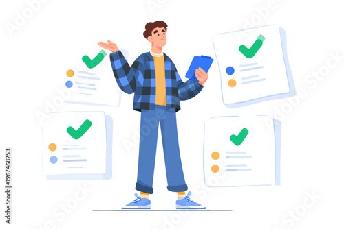 Male adult caucasian presenting checklist illustrations with clipboard
