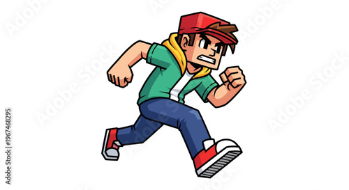 a cartoon boy running quickly outside.