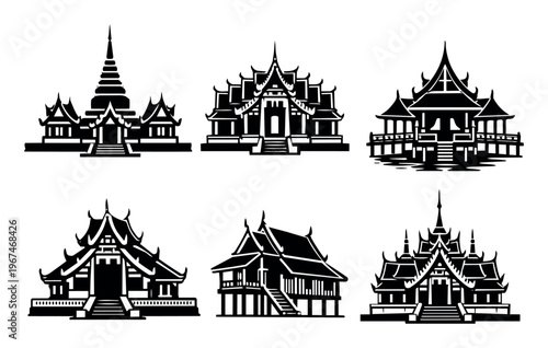 Six vector silhouettes presenting different styles of Thai temple buildings, Buddhist pagodas, and traditional houses, representing Thailand's culture