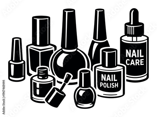 Nail polish bottles, some clearly labeled nail polish or nail care, are grouped together, highlighting beauty, cosmetics, and salon themes