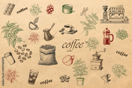 Hand-drawn coffee elements and equipment on a vintage background, illustrating the full coffee journey concept in a rustic style