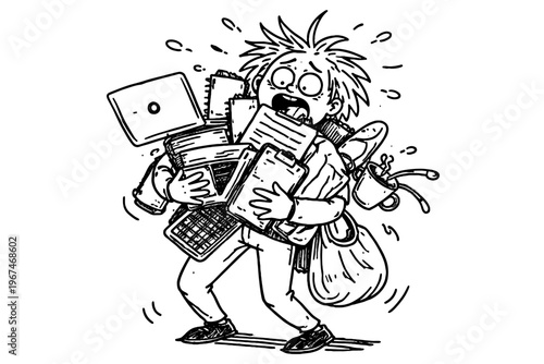 Messy concept simple icon things tasks person trying overwhelmed overwhelm uneven vector