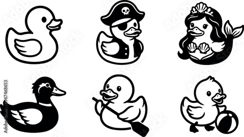 Black and white line art rubber duck pirate mermaid rower and beach ball