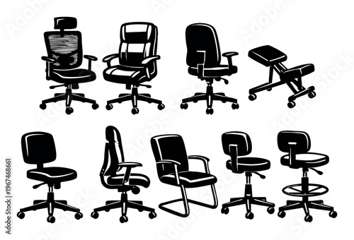Office chairs vector depicting various modern designs including executive, task, kneeling, and drafting stools for workspace comfort