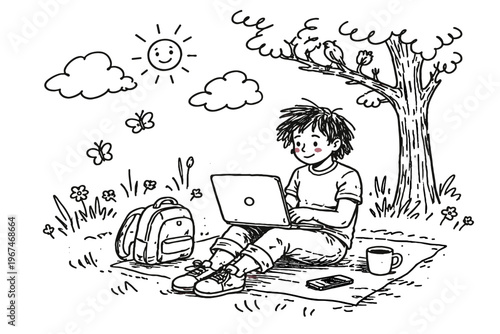 Scene relaxed image white doodle style simple outside minimal vector icon working