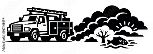 Truck exhaust creating dark smog clouds, leading to environmental damage, depicting dead fish and a bare tree