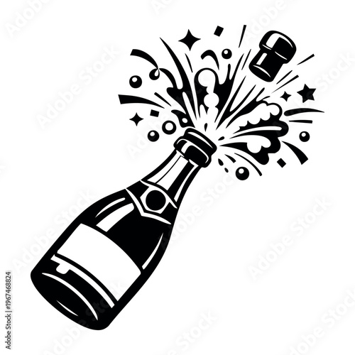 Champagne bottle popping, cork flying with sparkling wine, fizz, and confetti for celebration, toast, and special occasion