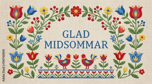 A Scandinavian embroidery-inspired illustration with stitched floral patterns and decorative thread textures, symmetrical composition, Swedish phrase “Glad Midsommar”