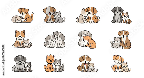 Cute animal illustrations of dogs and cats together isolated on transparent background, isolated on white background, Vector