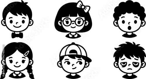 Six childrens faces with various expressions and accessories