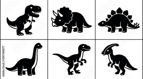 Black and white silhouette vector art of six different dinosaur species collection