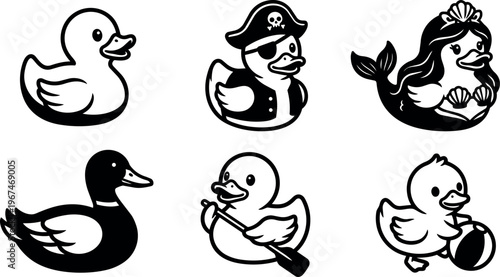 Black and white rubber duck characters including pirate mermaid and rower