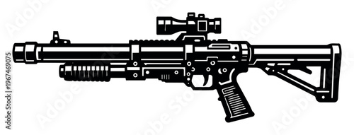 Military firearm vector weapon design featuring a tactical assault rifle with an optic and an attached pump-action shotgun