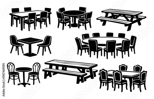 Collection of different table and chair furniture sets as black silhouettes, suitable for diverse indoor and outdoor dining scenes