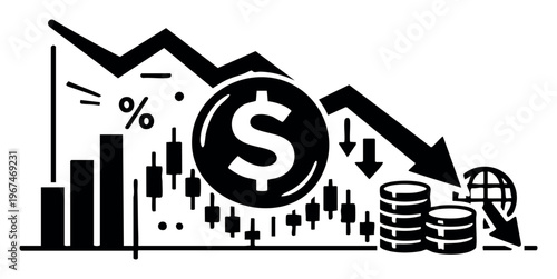 Dollar currency symbol with decreasing graph, stock charts, declining arrows, and coins, representing financial recession