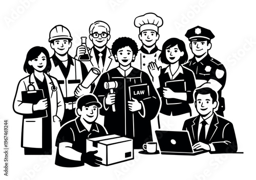 Group of professionals from different fields, including a doctor, engineer, scientist, judge, chef, manager, police officer, delivery person, and businessman