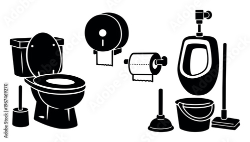 Collection of restroom and cleaning icons, including toilet, urinal, toilet paper holder, plunger, and mop, representing hygiene concepts