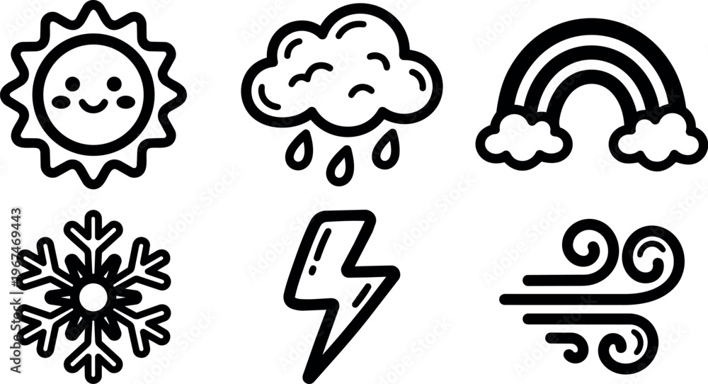 Fototapeta premium Smiling sun rain cloud rainbow snowflake lightning and wind outline vector art