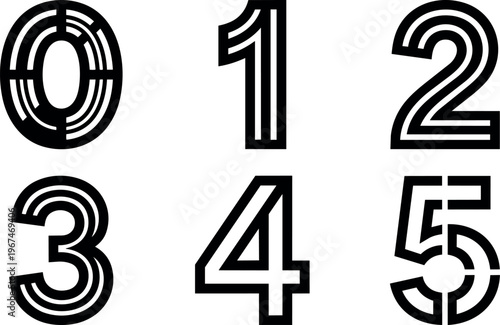 Black and white geometric numbers zero to five line art vector