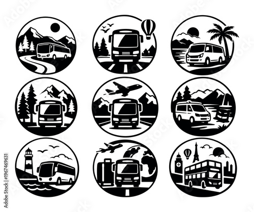 Vector illustration set of travel and tourism related icons. Global transportation and destination concepts for vacation and adventure