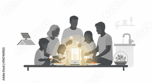 Green family eats dinner by lantern light, promoting sustainable energy for future generations. Multigenerational green family enjoys evening meal, powered by eco friendly solar panel.