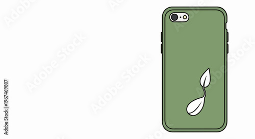 Minimalist green eco phone case featuring white leaf symbol on back cover. Modern eco phone case designed for smartphone protection, promoting environmental consciousness and sustainability.