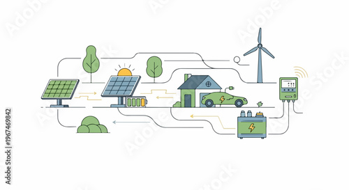 Illustration depicts smart home energy system powered by renewable energy sources like solar panels, wind turbine. Renewable energy integrates electric car charging, battery storage solutions.