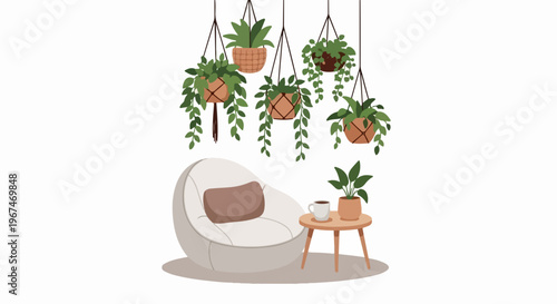 Lush indoor plants hang from ceiling, creating relaxing natural ambiance in cozy living space. Potted indoor plants adorn macrame hangers and small wooden table,