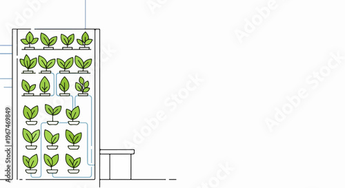 Schematic illustration shows vertical farm, plants growing in multi tiered hydroponic units, irrigation visible.