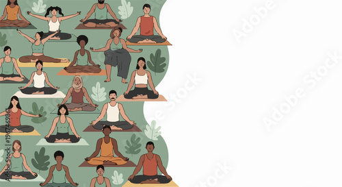 Diverse group enjoying yoga meditation class outdoors on individual mats. People of various ages and ethnicities participate in mindful yoga meditation class, finding inner peace and balance.