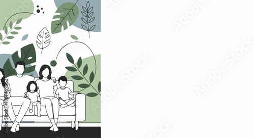 Illustration of family sitting couch, parents with two children relaxing together at home. Diverse family sitting couch with abstract botanical elements.