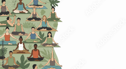 Group yoga session with diverse people meditating in lotus pose on mats amidst lush greenery. Peaceful group yoga promotes mindfulness and wellness for all participants.