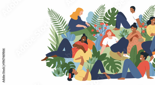 Joyful diverse community members relax together in lush green natural setting. Group of people from diverse community socialize and enjoy conversation among vibrant foliage and blooming flowers.