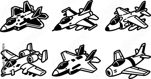 Six different military jets in isometric view
